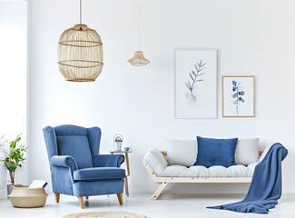 Blue armchair, sofa and posters on the white wall in the cozy living room with a wooden pendant lamp hanging from the ceiling, in the style of a blue marine color concept