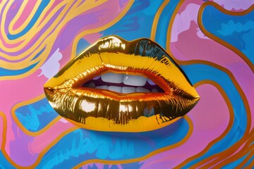 Golden Lips in Pop Art Style on Vibrant Patterned Background
