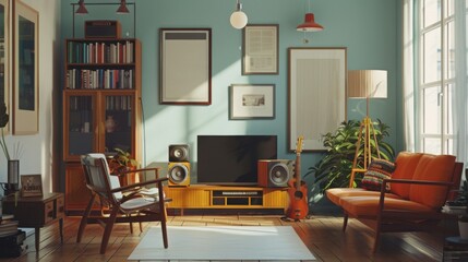 A cozy living room featuring vintage furniture, a television, a guitar, bookshelves, and wall art, warmly lit by the afternoon sun streaming through large windows.