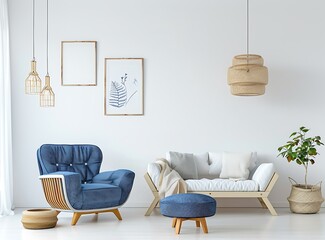 Blue armchair, sofa and posters on the white wall in the cozy living room with a wooden pendant lamp hanging from the ceiling, in the style of a blue marine color concept