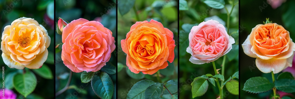 Aufkleber five roses, each with a unique color and shape, bloom in a garden setting
