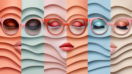 Abstract art featuring a woman's face with colorful glasses and layered paper cut-out design.