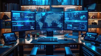 High-tech office with curved monitors displaying data and global map, showcasing modern technology.
