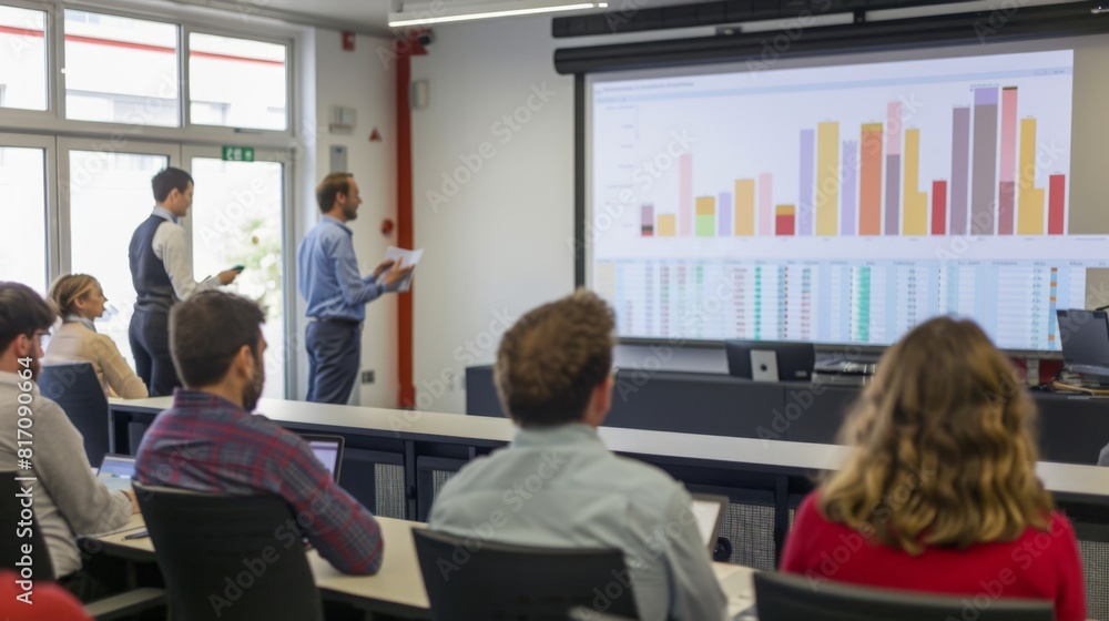 Poster graph illustrating demographic data on a large screen, being presented in a seminar room.