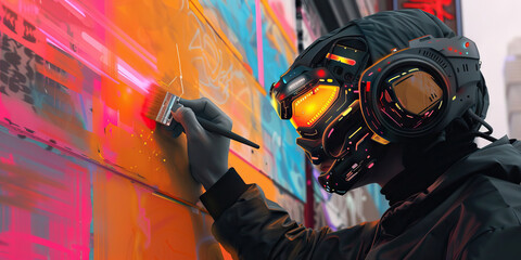 A synthetic street artist paints a mural on a cyberpunk wall, their creation a testament to their...