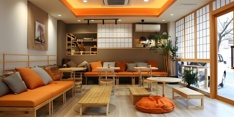 Animethemed cozy cafe interior with wooden furniture orange lighting and chill vibes. Concept Anime cafe design, Cozy interior, Wooden furniture, Orange lighting, Chill vibes