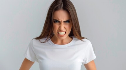 Fototapeta premium Portrait of a frustrated angry woman screaming out loud and pulling her hair out isolated on the gray background