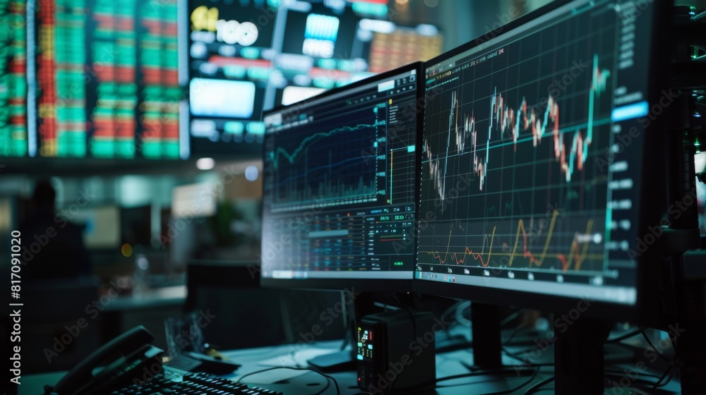 Aufkleber Graph showing stock market fluctuations on a dual-monitor setup, with a busy trading floor in the background.