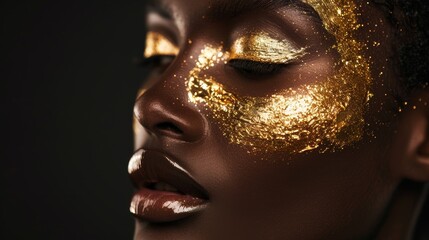 Elegant Close-Up Portrait of Model with Gold Leaf Makeup Against Matte Black Background