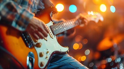Obraz premium Guitarist performing on stage with electric guitar and colorful lights