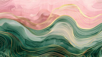 Closeup of abstract rough gold green pink art painting texture, with oil or acrylic brushstroke watercolor, pallet knife paint on canvas illustration