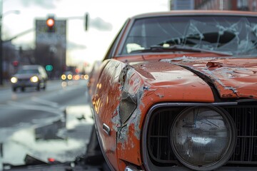 Wrecked Orange Muscle Car on Urban Expressway with Blurred Cityscape Background