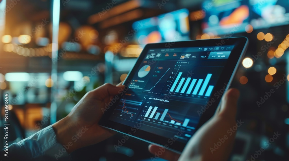Fototapete hands holding a tablet displaying a real-time sales graph, with a busy office in the background.