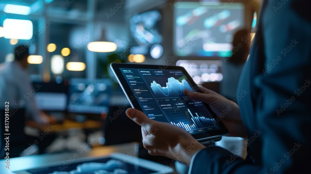 Aufkleber hands holding a tablet displaying a real-time sales graph, with a busy office in the background.