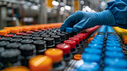 Obraz premium hands of an inspector checking plastic cap production in factory