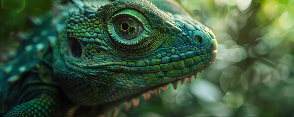 Head shot closeup of Green Crested Lizard