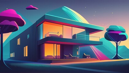 Colorful modern contemporary house. Cyberpunk look