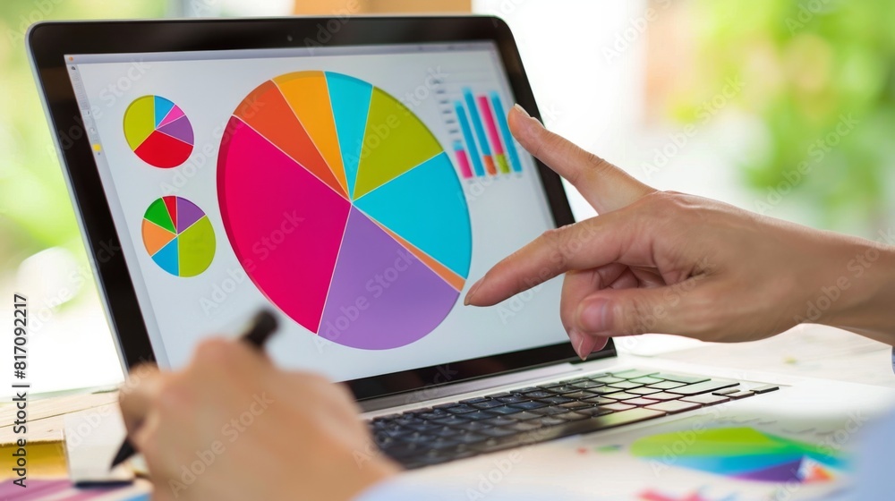 Poster hands pointing at a colorful pie chart on a laptop screen during a collaborative discussion.