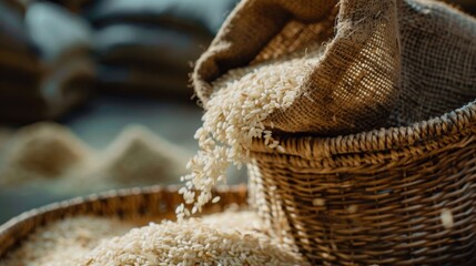 Harvested rice grains pouring out of a sack into a basket, ready to be processed and stored.