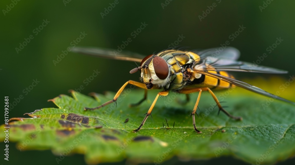 Leinwandbilder Hoverfly resting on a leaf, with its distinctive hovering behavior captured in a moment of stillness.