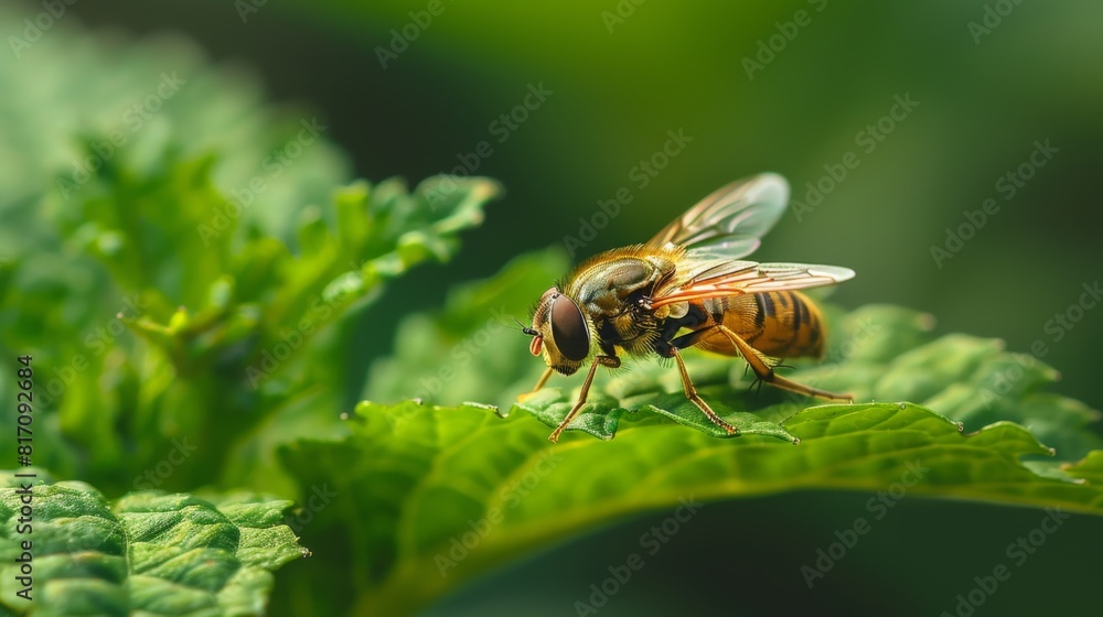 Poster Hoverfly resting on a leaf, with its distinctive hovering behavior captured in a moment of stillness.