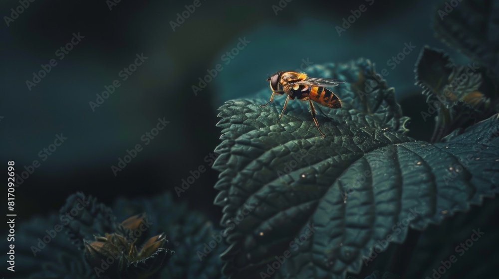 Aufkleber Hoverfly resting on a leaf, with its distinctive hovering behavior captured in a moment of stillness.