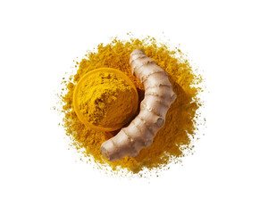 Naklejka premium Turmeric root and powder isolated on transparent background. (Curcuma longa Linn) rhizome (root) sliced with green leaves, Clean healthy eating concept Ai generative.
