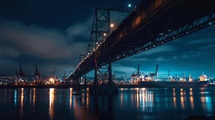 Industrial steel bridge spanning a wide river, with cargo ships passing beneath and city lights twinkling in the distance.