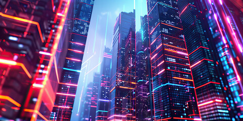 Obraz premium Neon Dreams and Digital Dusk: A Cyberpunk Metropolis Aglow