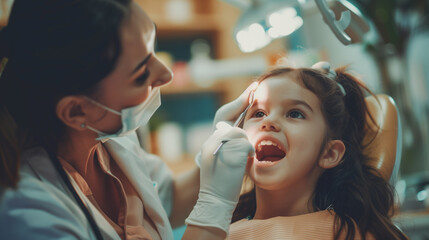 Portrait of young little girl checked up her teeth in dental clinic, friendly and nice young female dentist examine her oral hygiene