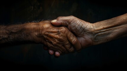 Fototapeta premium An image of two elderly individuals shaking hands in front of a dark background
