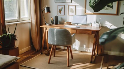 Interior of a minimalist home office with a simple desk, ergonomic chair, and ample natural light.