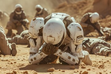 Naklejka premium Anxious AI Amidst Desert Conflict