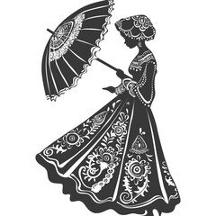 silhouette independent russian women wearing sarafan with umbrella black color only
