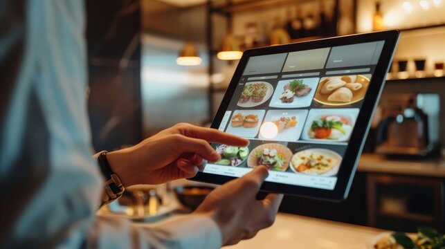 A guest browses a digital room service menu displayed on a tablet in the hotel room, customizing their order and selecting delivery time.
