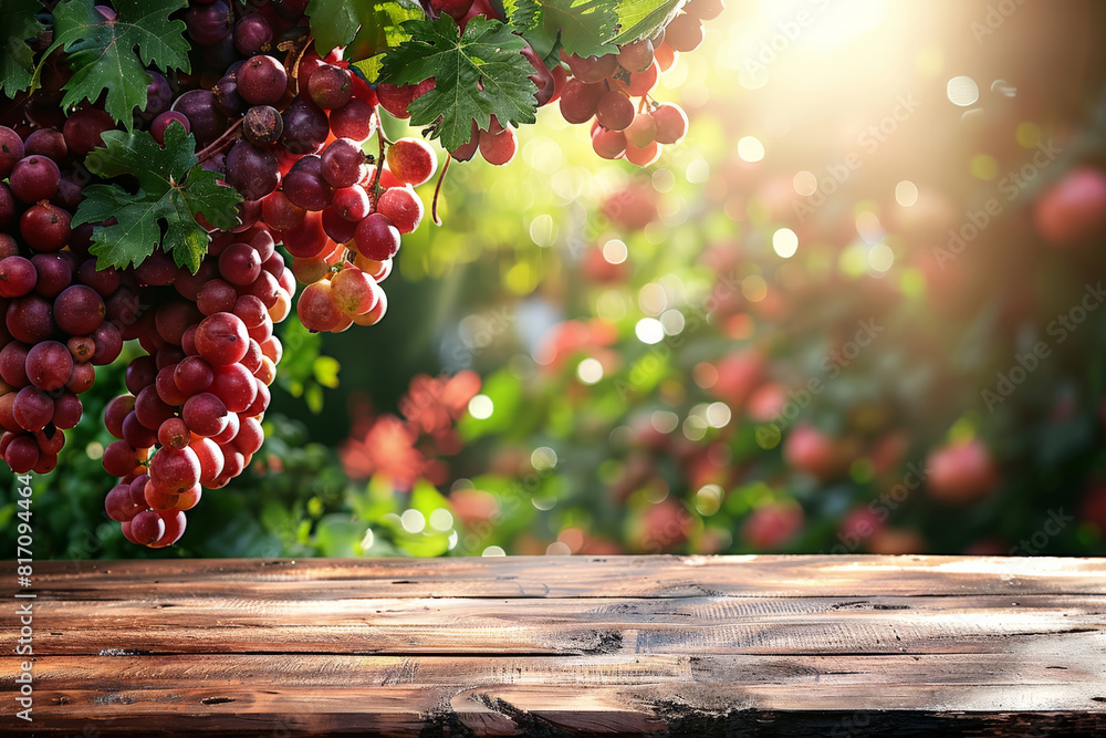 Wall mural ripe red grapes lying on a rustic wooden table surrounded by vineyard