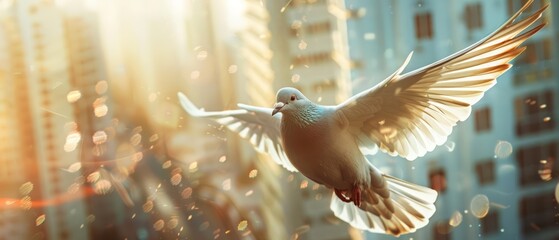 Close up of a dove soaring past a towering cityscape - Powered by Adobe