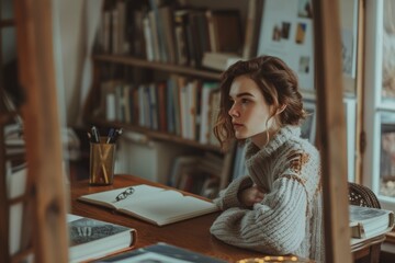 Young Woman Practicing Public Speaking at Home with Study Materials