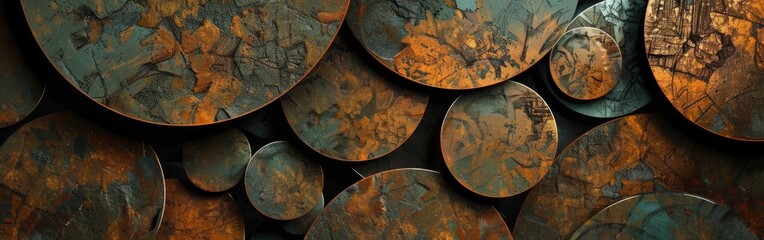 The image is a close up of a bunch of old, rusted metal circles