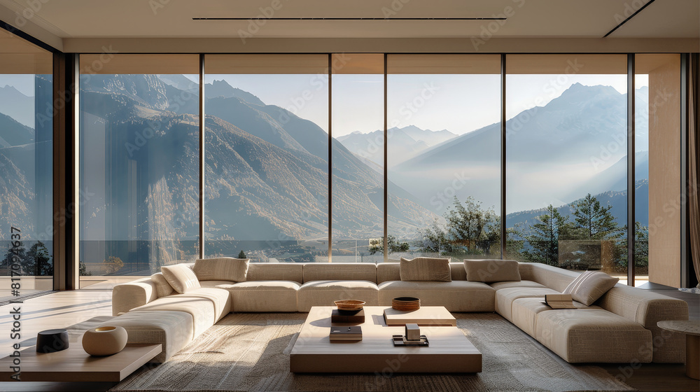 Sticker Luxurious modern living room with large windows offering a stunning view of mountains.