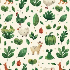 Sustainable Living Design with Green Leaves, Water Drops, and Farm Animals