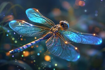 Close up of a dragonfly with iridescent wings that shimmer with bioluminescent lights