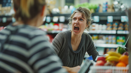 Angry Woman Yelling in Supermarket | Shocked Customer Screaming at Employee, Store Conflict Scene