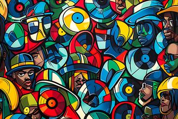 Dynamic artwork blends a mosaic of faces and vinyl records