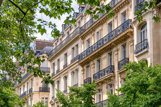 Fa&ccedil;ades d'immeubles r&eacute;sidentiels de style classique parisien le long d'une avenue bord&eacute;e d'arbres. Concept de march&eacute; immobilier d'habitation pour les logements anciens en France et &agrave; Paris