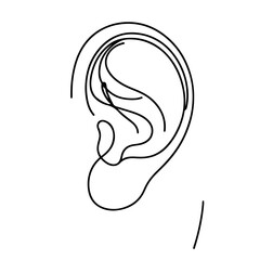 Human ear: one line, continuous line. Linear contour of the ear, silhouette. vector illustrator.
