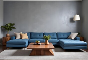 Blue modular corner sofa against the blank brown stucco wall, offering ample copy space for your creative touch