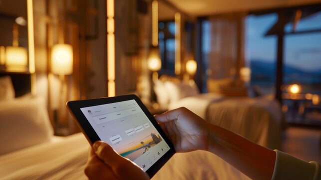 A guest browses a digital room service menu displayed on a tablet in the hotel room, customizing their order and selecting delivery time.
