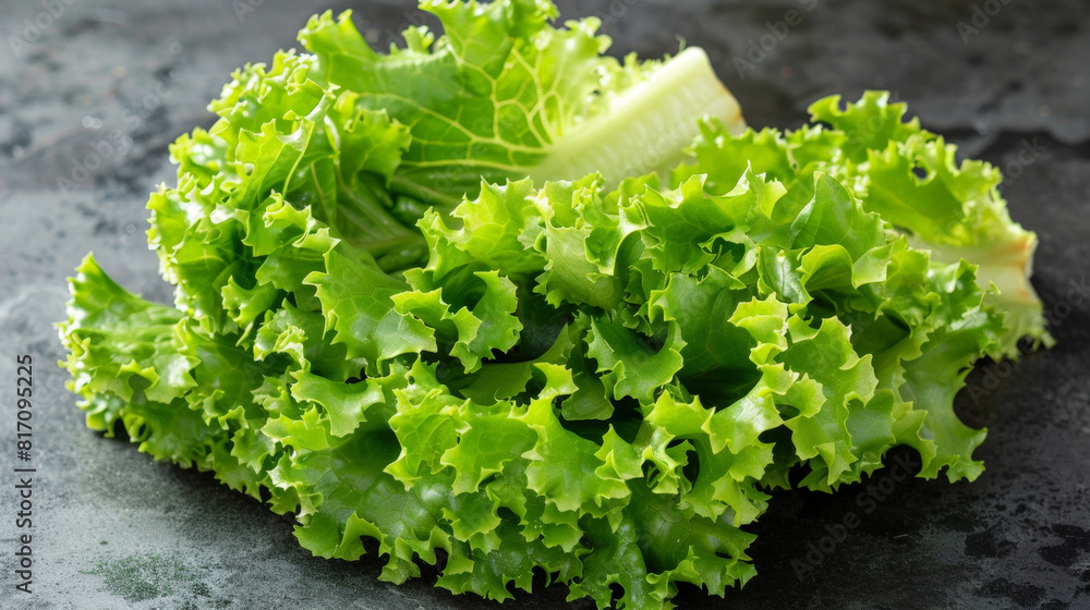 Poster a single piece of lettuce sits on a dark, shadowy surface. the lettuce leaf is green and textured, c