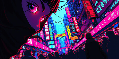 A netrunner blends seamlessly into the crowd, their eyes darting between neon signs and information overload. 